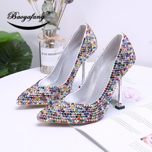 BaoYaFang 11cm High heels pointed Toe Pumps Fashion Shoes crystal Wedding shoes Bride Thin Heel Ladies Single shoe Metal heel