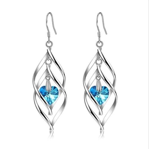 Top Quality Silver Plated Earring For Women Jewelry Trendy Crystal Blue Heart Tassel Drop Earring Girl Accessorie Fast