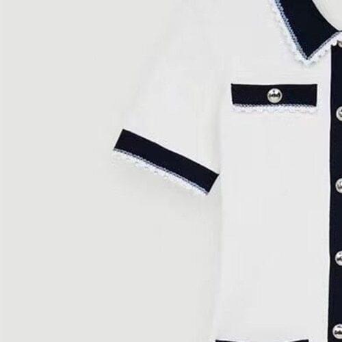 2021 Spring Summer Lace Women Knitted Dress Turn Down Collar Single Breasted Short Sleeve Female Knit Dress