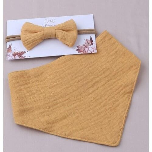 2 Pcs Baby Girls Elastic Bow Headband Saliva Towel Set Princess Bowknot Hair Band Bibs Feeding Burp Cloth Kit