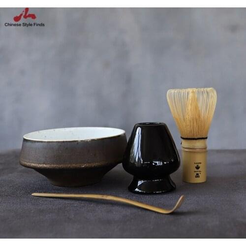 Tea Set 4pcs/set Ceramic Matcha Giftset Bamboo Matcha Whisk Scoop Ceremic Matcha Bowl Whisk Holder Japanese Tea Sets