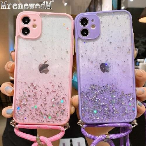 Candy Color Necklace Lanyard Glitter Phone Case For iPhone 12 Mini 11 Pro Max XS XR 6S 7 8 Plus SE2 Clear Rainbow Gradient Cover
