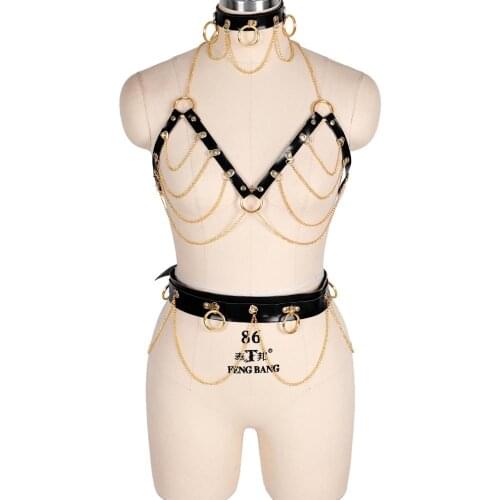 Black Leather Harness Bra Set Waist Belt Chain Metal Bondage Body Pole Dance Rave Sexy Lingerie Goth Suspender Adjust Top