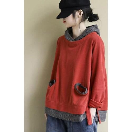 Spring Autumn New Arts Style Women Long Sleeve Loose Casual Hooded Pullovers Double Pocket Fake Two Piece Hoodies Big Size M695