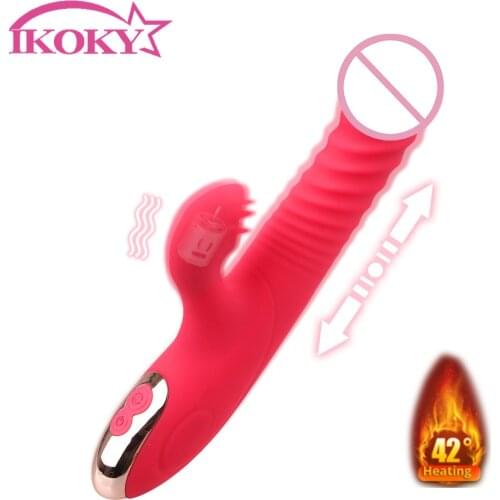 IKOKY Dildo Vibrator G-spot Massage Tongue Licking Heating Clitoris Stimulator Telescopic Rabbit Vibrator Rotation Beads