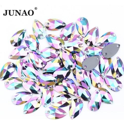JUNAO 10x18mm 100Pcs Sew On Pink AB Drop Crystal Rhinestone Teardrop Strass Gems Sewing Resin Stone Applique Wedding Decoration
