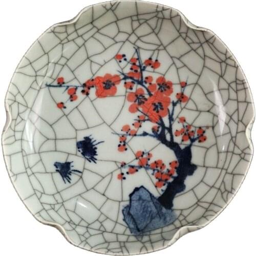Chinese Old Porcelain Cracked Glaze Open Blue And White Glazed Red Flower Bird Pattern Lace Plate
