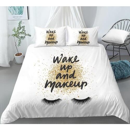 Wake Up And Make Up Eyelash Bedding Queen Gold and Black Cute Eyes Pattern Quilt Cover Set 2/3 Piece Funny Duvet Cover for Girls