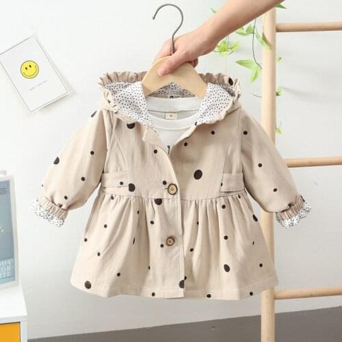 3Colors Girls Baby Cotton Hooded Jacket Trench Coat Kids Dot Printed Jackets Spring Autumn Casual Children Clothes Overcoats