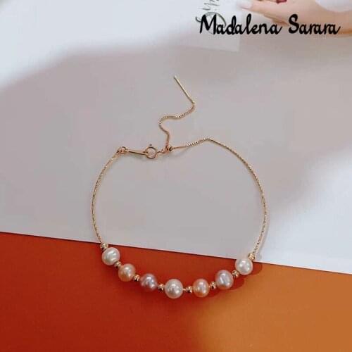 MADALENA SARARA 18k Gold Women Bangle Single Row Colorful Pearls Handmade Adjustable High Quality Chain Au750 Yellow Gold