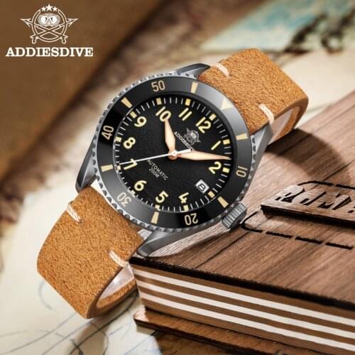 Addies Dive Men Dive Watch Vintage Brown Leather Strap NH35 Automatic Watch Luminous Dial 200m Waterproof Watch Sapphire Crystal