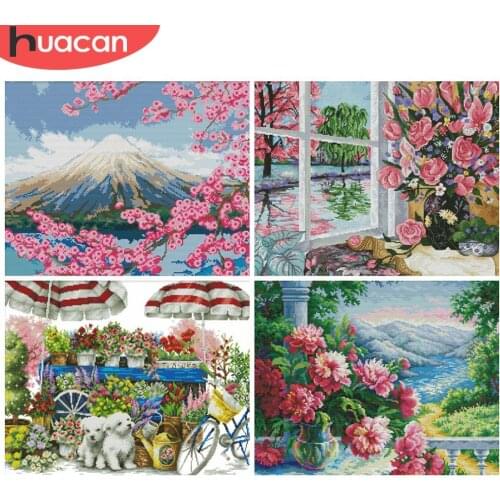 HUACAN Cross Stitch Landscape 11CT 14CT DIY Gift Embroidery Flower Sets Kits White Canvas Home Decoration Needlework