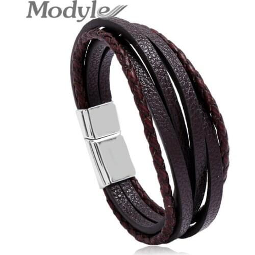 Modyle New Fashion Trendy Genuine Leather Bracelets Men Multilayer Braided Rope Bracelets for Male Female Bracelets Jewelry