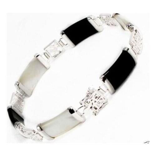 New Style Natural Black Jade &White Shell Fortune Luck Link Bracelet