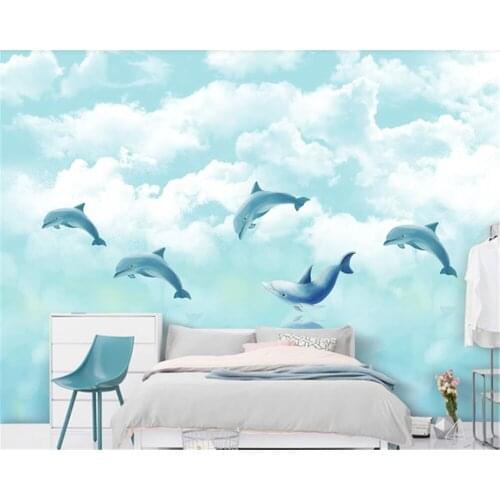 Beibehang Photo wallpaper 3D Nordic hand-painted cartoon ocean sky white cloud dolphin children bedroom background wallpaper