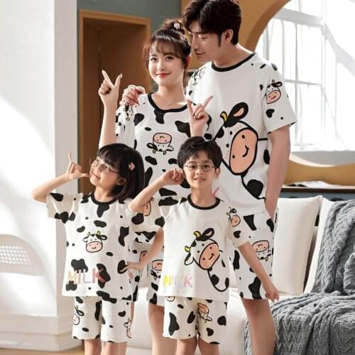 Szie 8-4XL New Parent-Child Pajamas Set Summer Short Sleeves Pure Cotton For Boys Girls Women Men Cute Cartoon Home Wear Casual