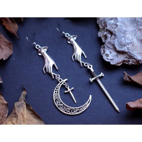 Hand sword & moon earrings- Gothic, medieval, viking, alternative, goth