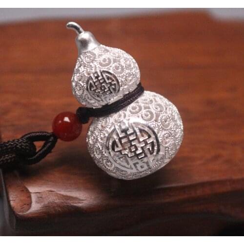 S999 Fine Silver Pendant Women Luck Bless Hollow Gourd Calabash Pendant 35x22mm