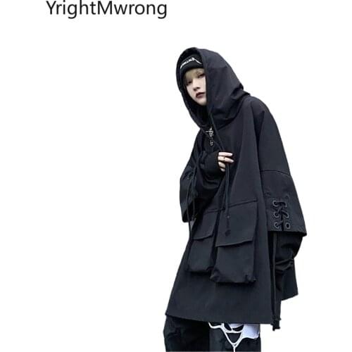 Streetwear Harajuku Lace Up String Sleeve Cargo Pocket Hooded Loose Autumn Hip Hop Punk Sweatshirt Pullover Hoodies Men Techwear