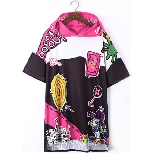 Hip Hop Long Top Summer Europe Fashion Graffiti Street Female Loose Printing Long T-shirt Women Short Sleeve O-Neck Tees