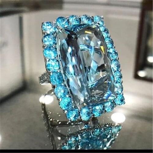 YOUHAOCC New Accessories Fashion Big Rectangular Sky Blue Zircon Ladies Engagement Ring Wedding Ring Jewelry Size: 6-10