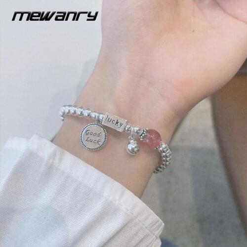 MEWANRY 925 Sterling Silver Bracelets for Women Trendy Elegant Charming Good Luck Pink String of Beads Birthday Party Jewelry