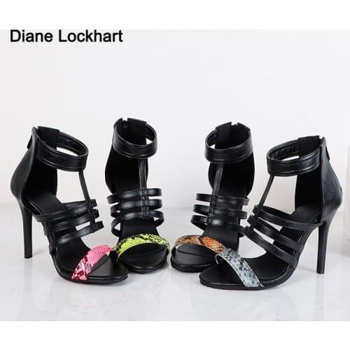 Summer Women Fashion Sexy Open Toe 10cm High Heel Sandals Ankle Wrap Gladiator Zip Snake Print Party Shoes Yellow Blue Brown