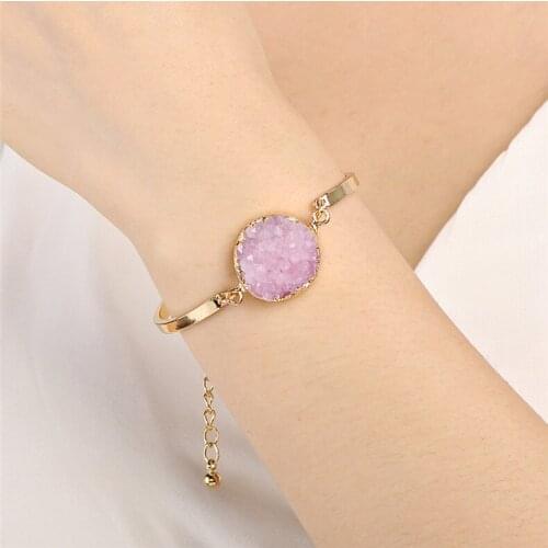 Druzy Pink White Green Natural Druzy Crystal Cluster Bracelet 20mm Round Double Hanging Alloy bracelet for Women Jewelry