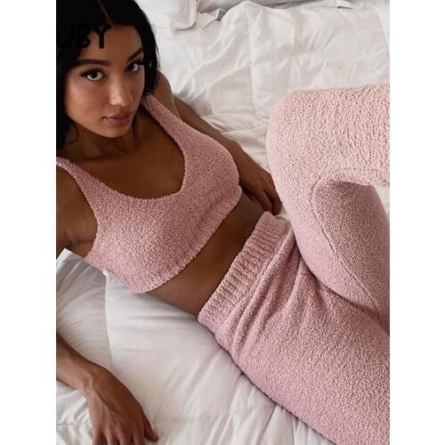 SRUBY Tracksuit Womens Set Knitted Two Piece Set Top And Pants Autumn Bodycon Crop Tops Sweater Trousers Jogging Femme 2020 New