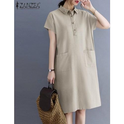 Women Summer Vintage Sundress 2021 ZANZEA Shirt Dress Casual Solid Short Sleeve Turn Down Collar Vestido Female Loose Robe Femme