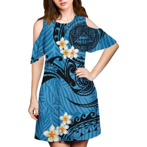 Hycool Samoan Tribal Design Hibiscus Printed Blue Casual Dress Custom Sexy Charming Dress Wholesale Leakage Shoulder Clothing
