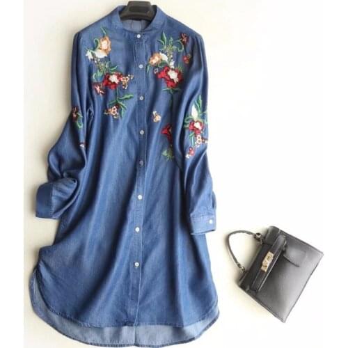 Spring Women Floral Embroidery Denim Dress Vintage Blue Long Sleeve Casual Dresses Summer Plus Size Shirt Dress