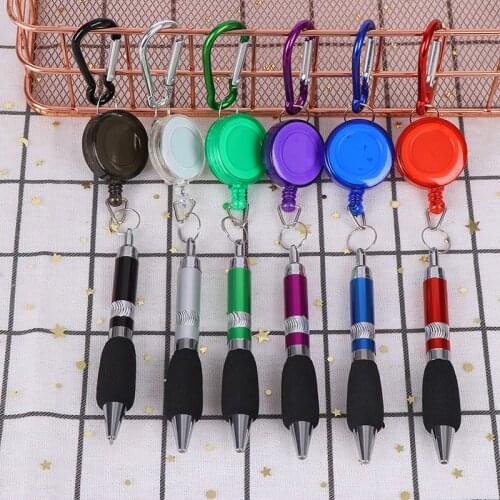 1pc Retractable Badge Reel Ballpoint Pen Belt Clip Key chain with Carabiner Key ring Lanyard Pen Portable
