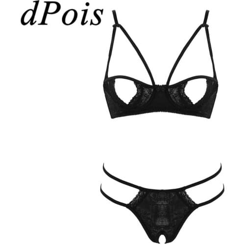 2Pcs Womens Sheer Lace Lingerie Bare Nipples Underwire Bra Top with Crotchless G-string Thong Briefs Female Sexy Underwear Set