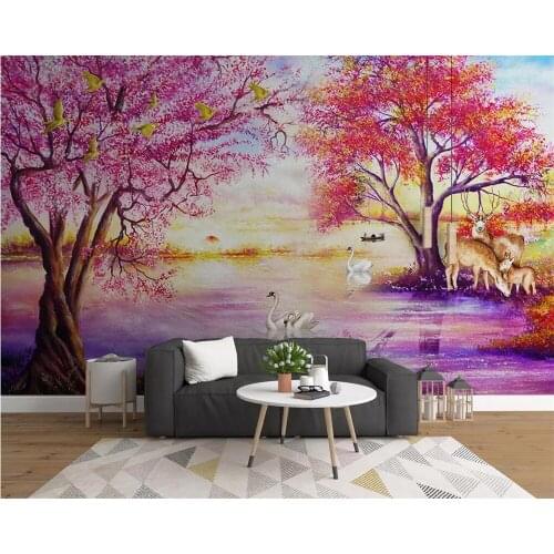 Beibehang 3D wallpaper custom upscale European oil painting forest tree elk swan lake photo mural wallpaper living room wall