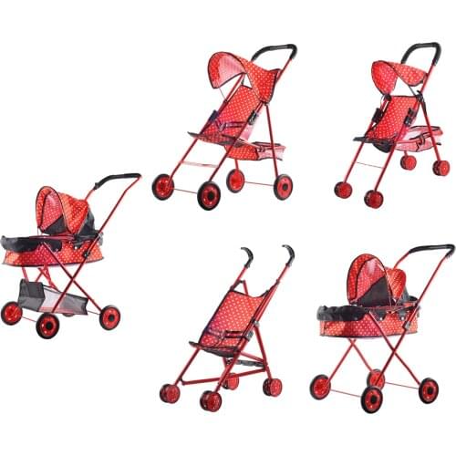 Dots Baby Doll Stroller with Hood Trolley Pretend Play Toy Dollhouse Decoration Girls Gifts