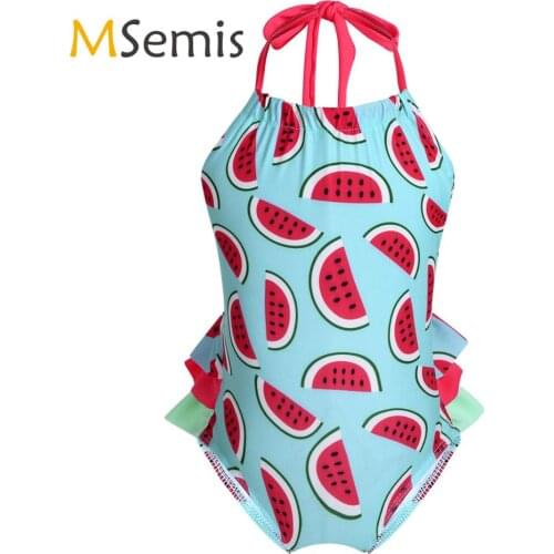 Kids Girls Swimsuit One-piece Halter Neck Swimming Suit Watermelon Printed Pattern Swimwear Childrens Beach Bathing Suit Clothes