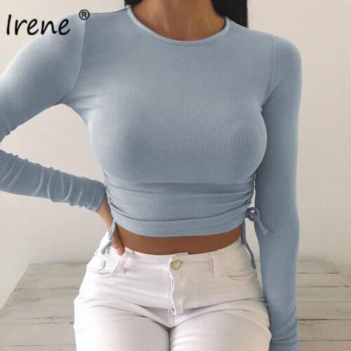 Irene Sexy Drawstring Long Sleeve Tee Shirts 2021 Female O Neck Y2K Crop Tops Rib Knitted Slim Skinny Basic Woman TShirts