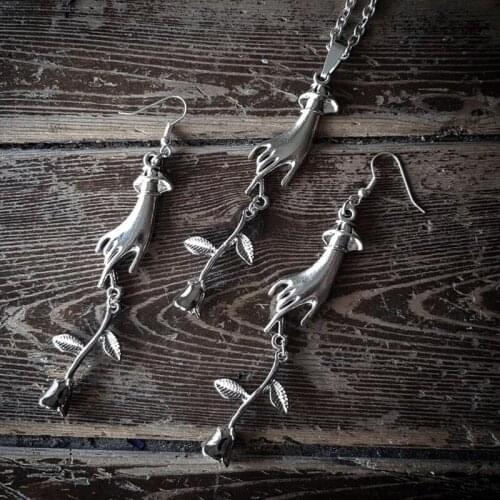 Hand Holding Rose Pendant Necklace Earrings Jewelry Set, Sweet and Romantic Jewelry, Gift Jewelry for Girls