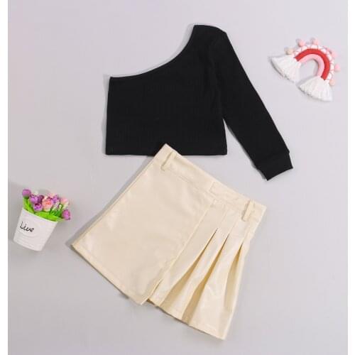 Kids Girls Clothes Sets 2021 Summer Autumn Children One Shoulder Long Sleeve T-Shirt + Leather Pleated Skirt Baby Outfit 2-6Y