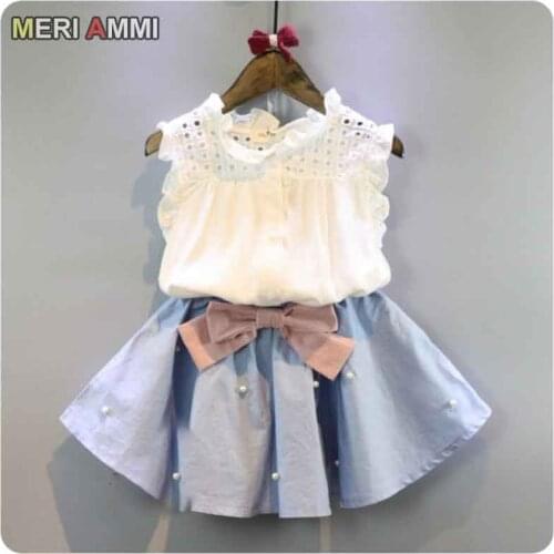 MERI AMMI Baby Girl Clothing Outfit Set Lace Sleeveless Tee Floral Top +Skirts With Bow Outwear For 2-11 Year Children