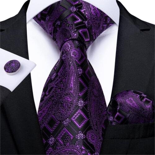 Fashion Men Tie Purple Black Paisley Silk Wedding Tie For Men Hanky Cufflink Gift Tie Set DiBanGu Novelty Design Business MJ7299
