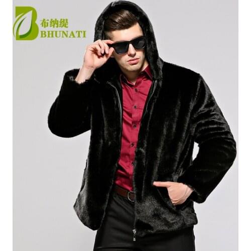 BHUNATI Brand Clothing Men Faux Fur Coat Hooded Long Sleeve Casual Zipper Hoody Articifical Fur Jackets Winter Warm Coat Outwear