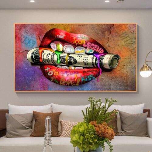 Money Dollar In Mouth Posters Prints on Canvas Painting Graffiti Cuadros Decorative Wall Art Picture for Living Room Home Decor