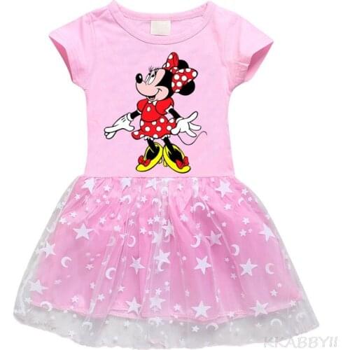 New Cross Border Girls Dress Cotton 3D Printing Cartoon Star Moon Gauze Short Sleeve Princess Skirt