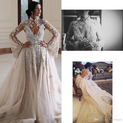 Luxurious Crystals 2020 Wedding Dresses Deep V-neck Beaded A-line Tulle Long Sleeves Bridal Dresses Sexy Wedding Gowns
