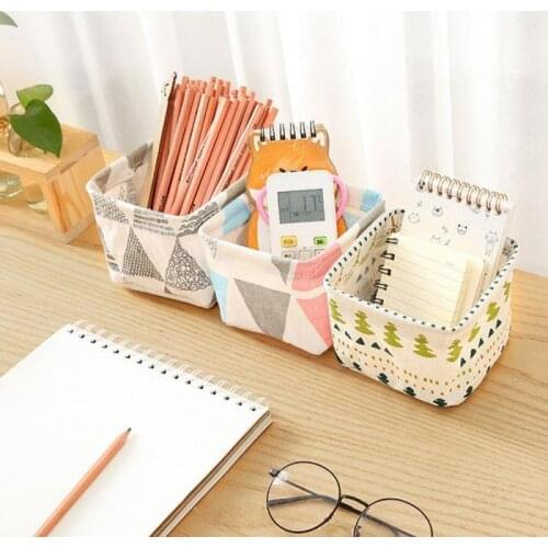 Foldable Desktop Organizer Sundries Storage Basket Cute Printing Cosmetics Container Multifunction Cotton Linen Storage Basket