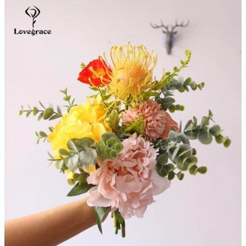 Lovegrace Wedding Bouquet Unique Design Artificial Flower Handmade Silk Rose Peony Bouquet Pompon Hydrangea Wedding Flower