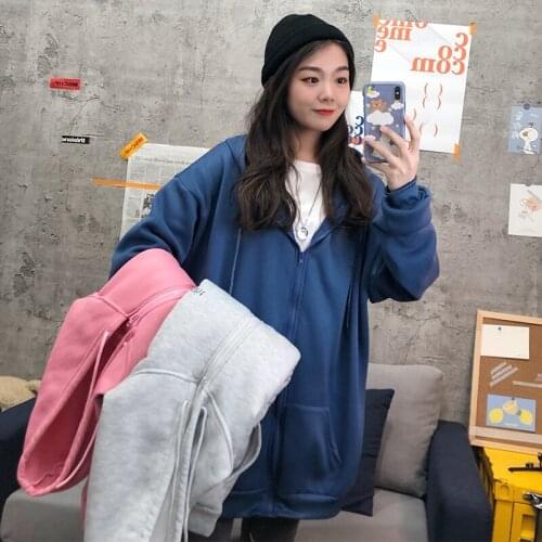 Harajuku Hoodies with Hat Women Zipper Casual Loose Solid Color Sweatshirt Female Kangaroo Pocket 2021 Fashion New Female Tops