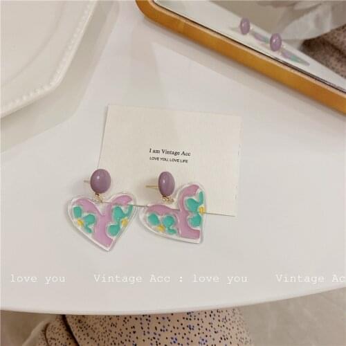 Korean Retro Geometric Purple Earrings Sweet And Romantic INS Wind Transparent Love Earrings Girlish Holiday Earrings Tide